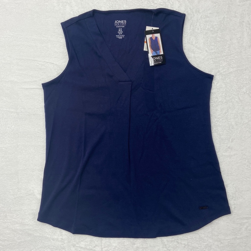 NEW Jones New York Signature Womens V Neck Sleeveless Tank Top Blue Cotton Sz M
